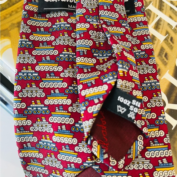 SALVATORE FERRAGAMO Silk Necktie “Tug Boat” Print Tipped Burgundy Gray 58.5x3.5 - Picture 4 of 10